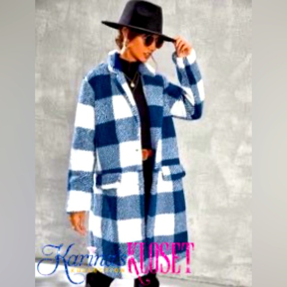 Buffalo Plaid Royal Blue & White Teddy Midi Coat, Cozy & Fluffy Long Jacket 💙🤍